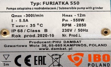 Poza Pompa apa murdara cu tocator si ascutire IBO Dambat FURIATKA 550, 550W, 300 l/min, intrerupator cu flotor, submersibila. Poza 8427