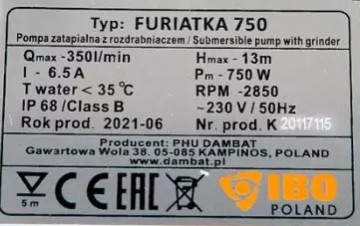 Poza Pompa apa murdara cu tocator si ascutire IBO Dambat FURIATKA 750, 750W, 350 l/min, intrerupator cu flotor, submersibila. Poza 8434