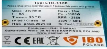 Poza Pompa apa murdara cu tocator IBO Dambat CTR 1100, 1100W, 350 l/min, submersibila, H-14 m. Poza 8444
