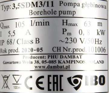 Poza Pompa submersibila rezistenta la nisip, IBO 3.5 SDM 3/11, 800 W, 105 l/min, H refulare 63 m + 20 m cablu