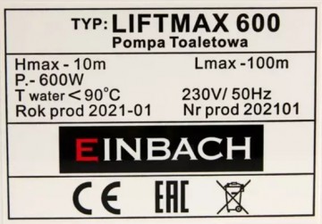 Poza EINBACH LIFTMAX 600 – Pompă macerator WC 600W, Debit 240 l/min, 3 intrări